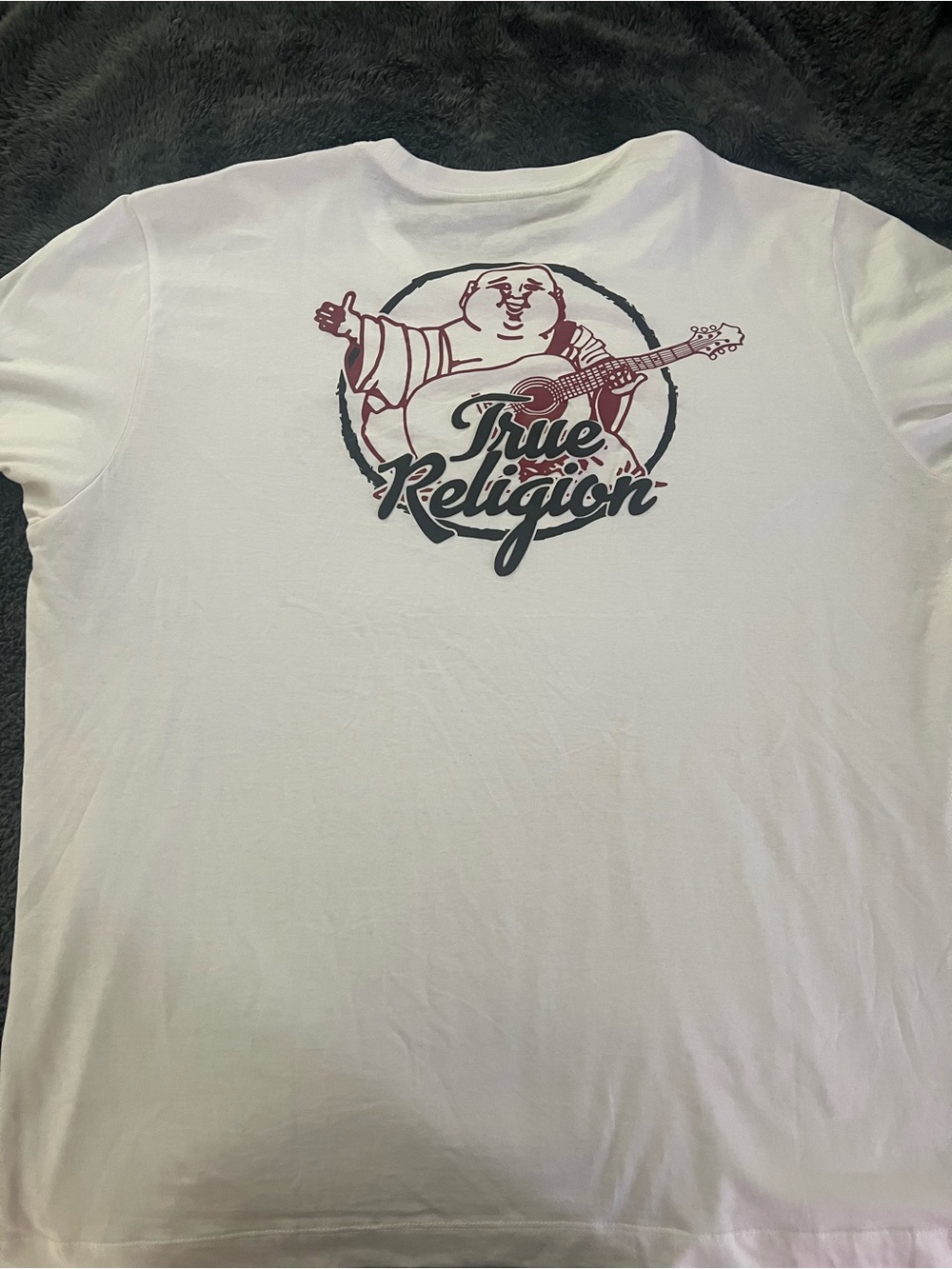 True Religion White Tee with Burgundy and Black Back Graphic